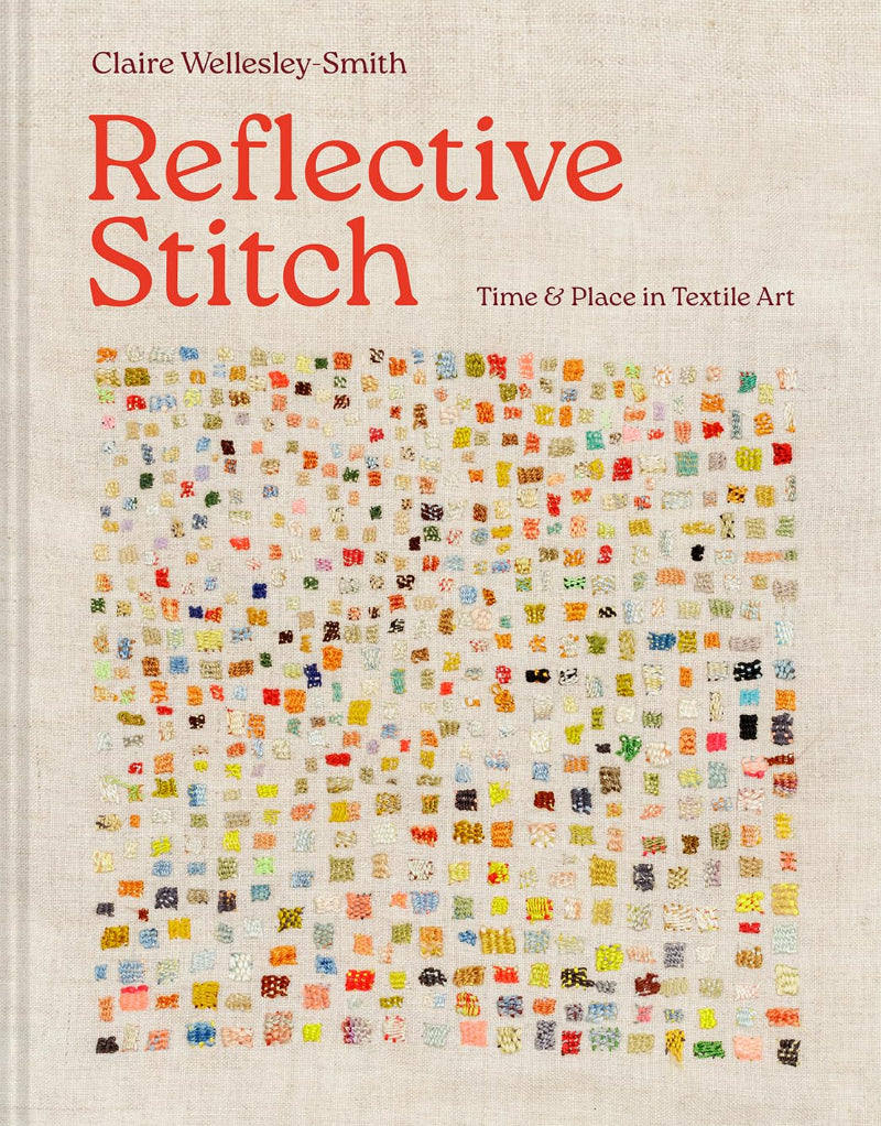 Book cover of 'Reflective Stitch' with a textured background and colorful textile art pattern.