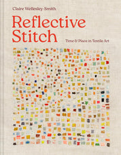 Book cover of 'Reflective Stitch' with a textured background and colorful textile art pattern.