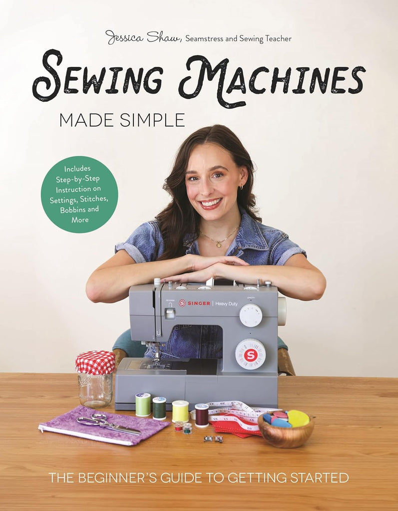Book cover of 'Sewing Machines Made Simple' with a woman and sewing machine on a table.