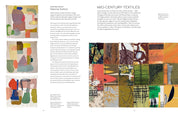 Page from a book or magazine featuring mid-century textiles with abstract patterns.
