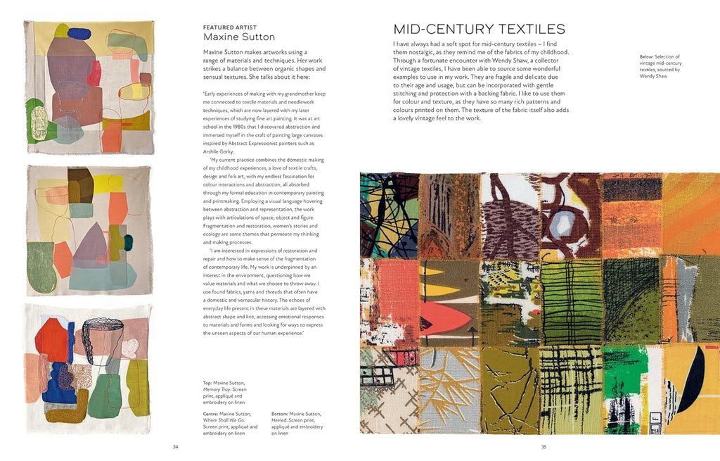 Page from a book or magazine featuring mid-century textiles with abstract patterns.