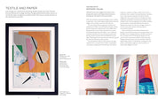 Page from a book or magazine featuring abstract art pieces with text on textile and paper.