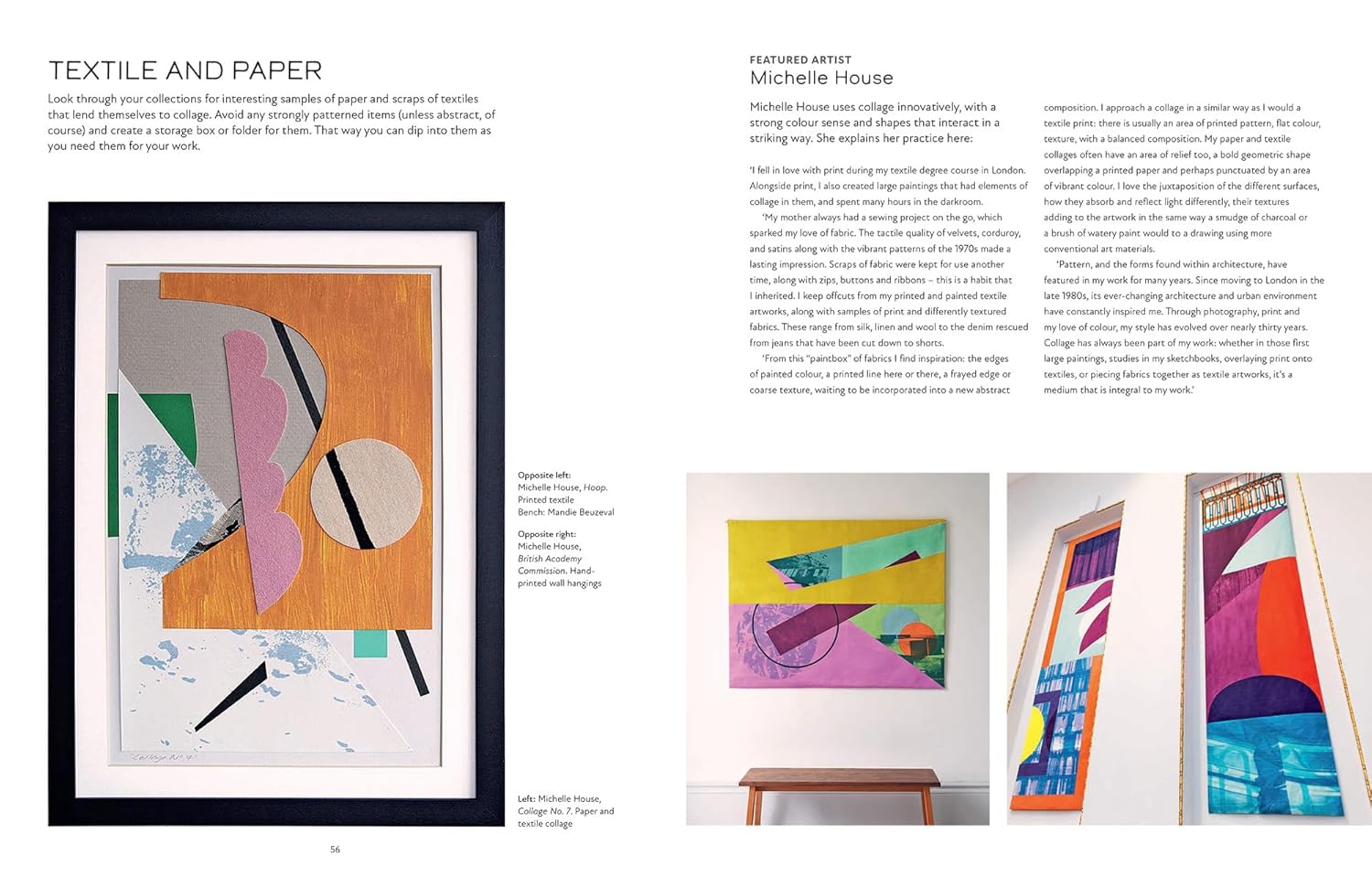Page from a book or magazine featuring abstract art pieces with text on textile and paper.