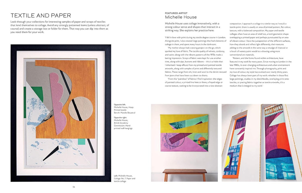 Page from a book or magazine featuring abstract art pieces with text on textile and paper.