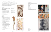 Page from a book or magazine about natural materials for brushes and mark-making, featuring text and images of textured surfaces.