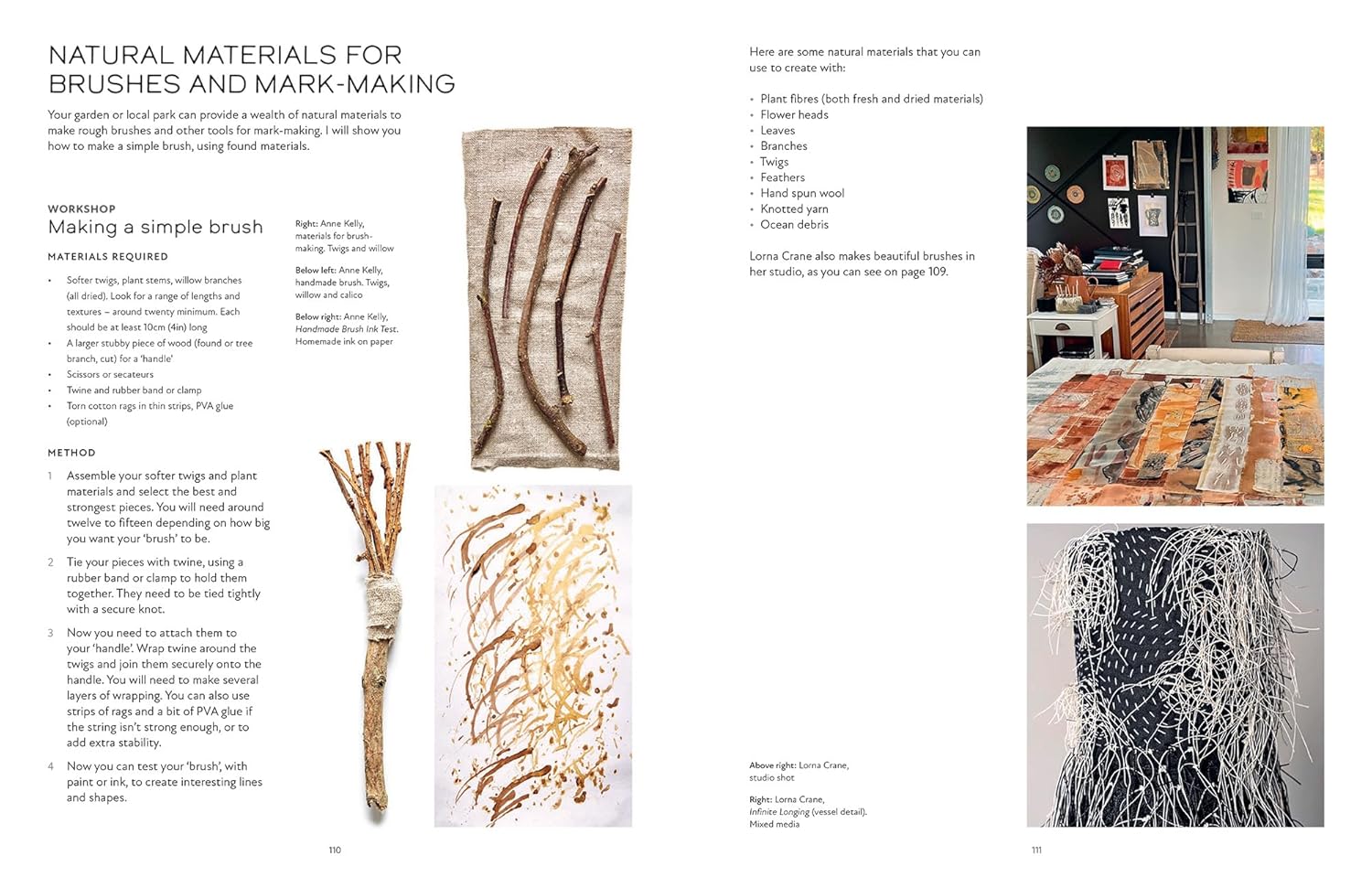 Page from a book or magazine about natural materials for brushes and mark-making, featuring text and images of textured surfaces.