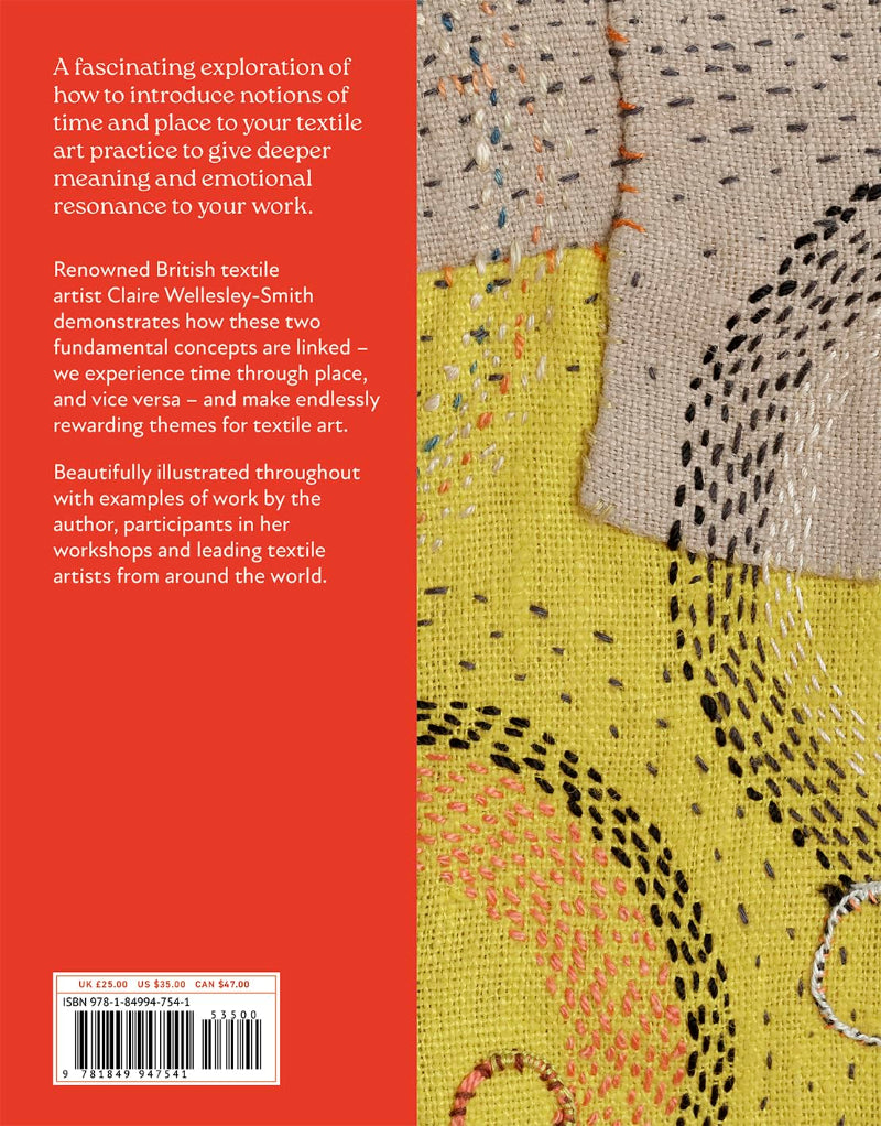 Book cover for 'Textile Art: An Introduction' showing a red vertical title block on the left with white text, and a close-up of a textile design on the right featuring yellow, beige, black, and pink stitched patterns.