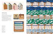Textile products including woven houses and a close-up of woven patterns with blue, green, and white colors.