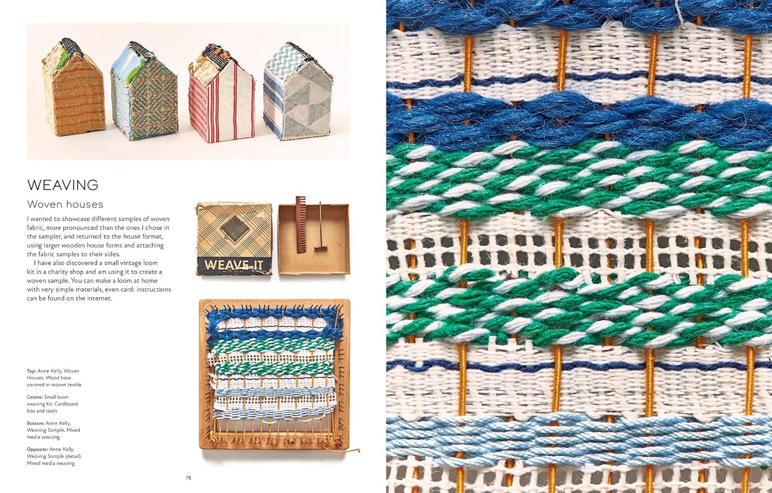 Textile products including woven houses and a close-up of woven patterns with blue, green, and white colors.
