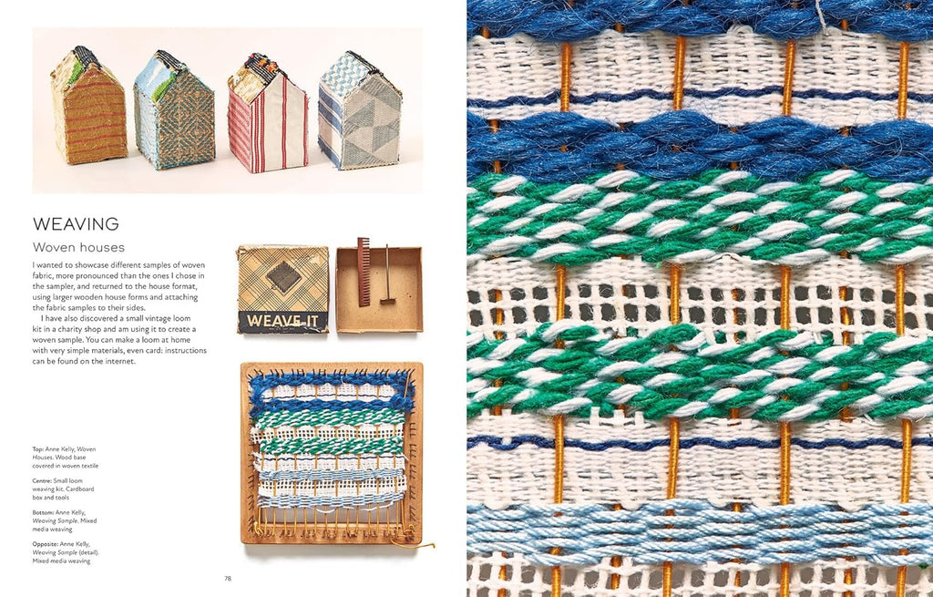 Textile products including woven houses and a close-up of woven patterns with blue, green, and white colors.