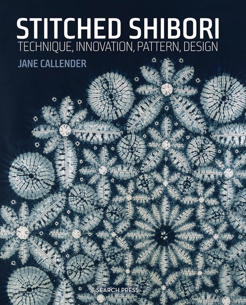 book cover for "Stitched Shibori" with intricate lace looking indigo dye pattern