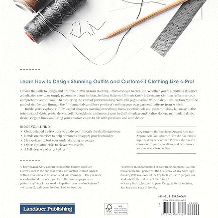 Back cover of a book on pattern drafting with text and design elements.