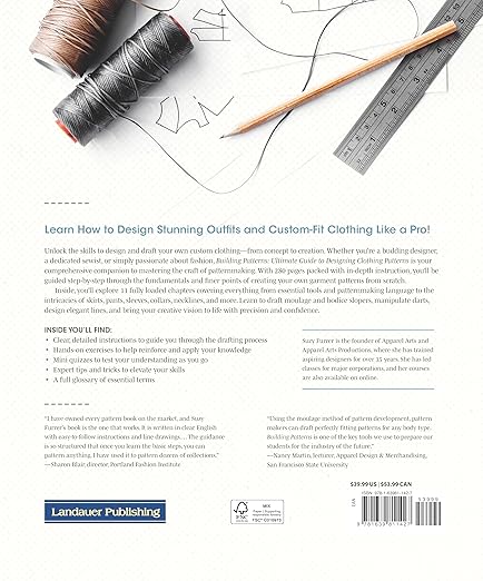 Back cover of a book on pattern drafting with text and design elements.