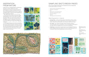 Page from a book showing nature-inspired art and design with text on inspiration and sketchbook pages.