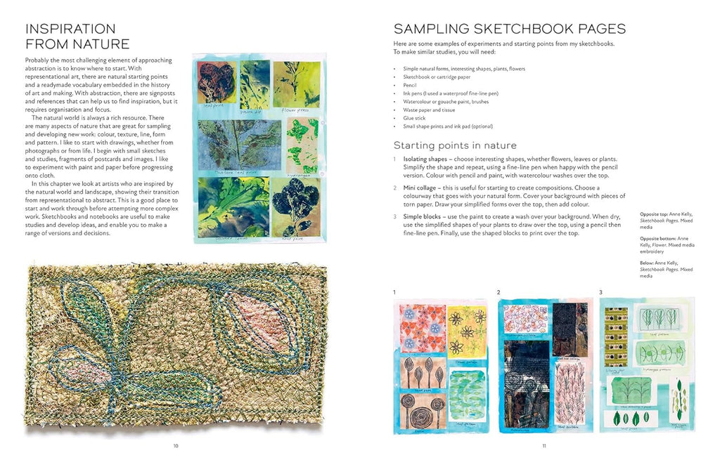 Page from a book showing nature-inspired art and design with text on inspiration and sketchbook pages.