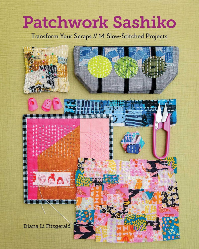 Book cover of 'Patchwork Sashiko' with sashiko stitching samples and tools on a beige background.
