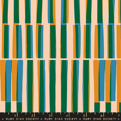 Patterned fabric with green, blue, and orange stripes on a beige background, Ruby Star Society 