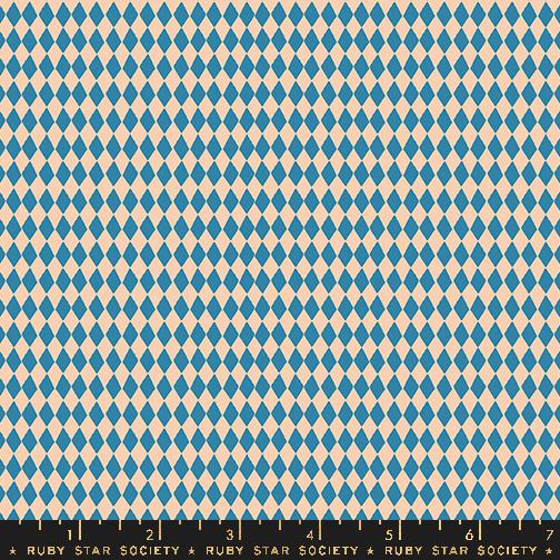 Fabric with blue and beige diamond pattern, Ruby Star Society.