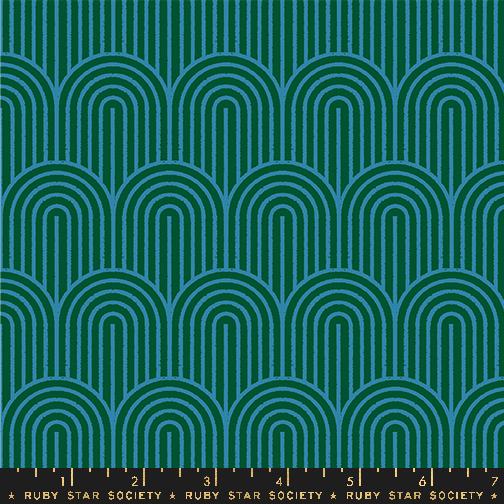 Fabric with geometric arch pattern in teal on a green background, Ruby Star Society label at the bottom.
