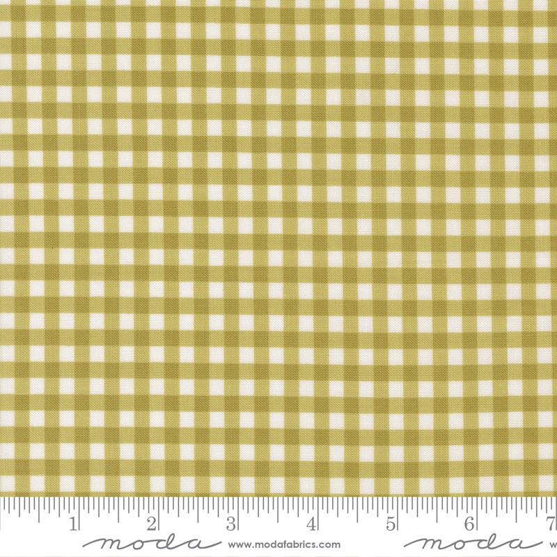 Green gingham fabric with ruler at the bottom.