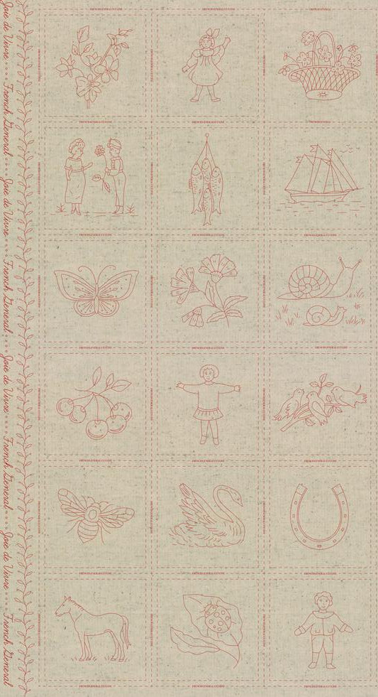 Pattern of red line drawings on a beige fabric