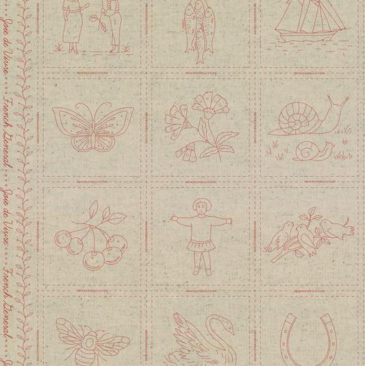 Pattern of red line drawings on a beige fabric