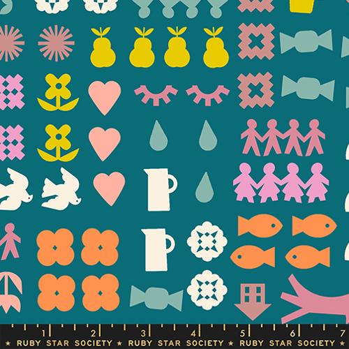 Patterned fabric with colorful shapes and designs on a teal background, featuring Ruby Star Society label.