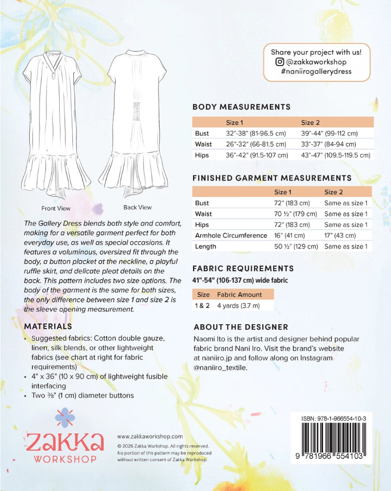 Back of a Zakka Workshop fashion dress pattern sheet showing front and back line drawings of a sleeveless button-front dress, body measurements table, finished garment measurements, fabric requirements, materials, and a barcode.