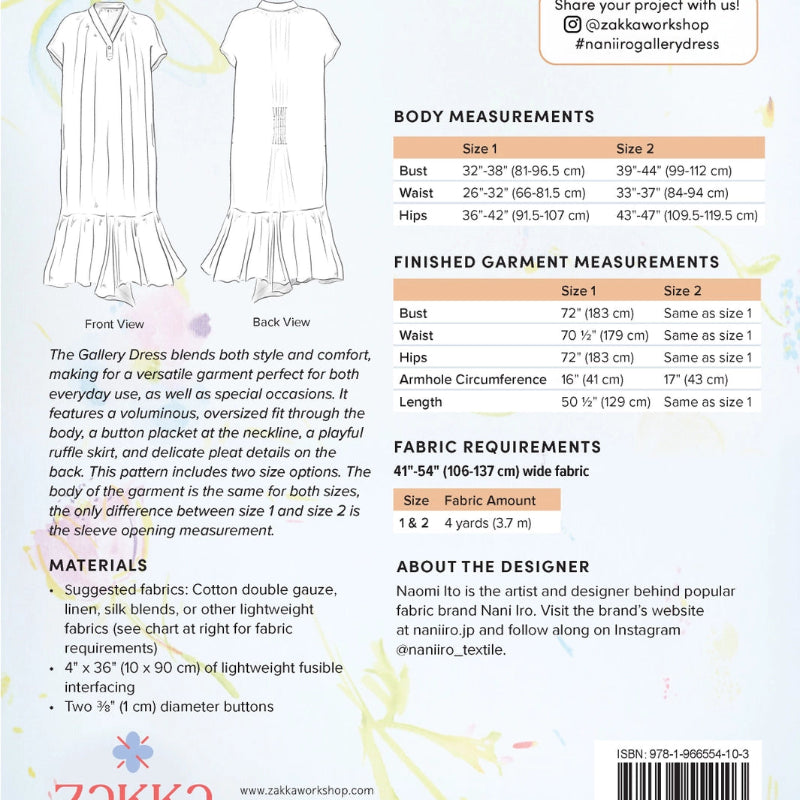 Back of a Zakka Workshop fashion dress pattern sheet showing front and back line drawings of a sleeveless button-front dress, body measurements table, finished garment measurements, fabric requirements, materials, and a barcode.