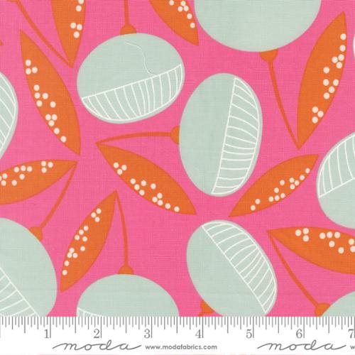 Fabric with round light blue flowers on a hibiscus pink background