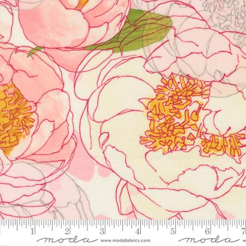 Fabric with large creamand pink colored peonies, with a ruler at the bottom for scale.