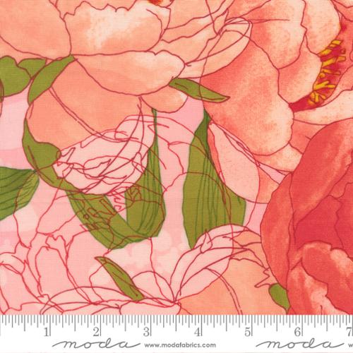 Fabric with large cotton candy colored peonies on a pink background with a ruler at the bottom for scale