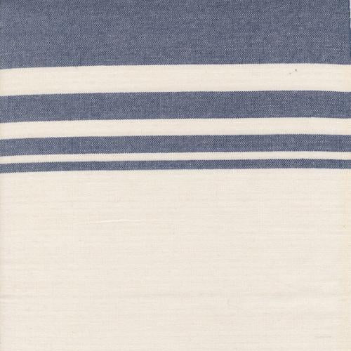 Striped cotton toweling with blue and white horizontal stripes on a plain background