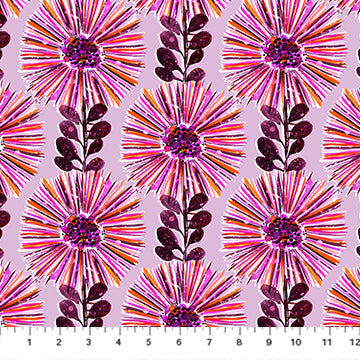 Fabric with a pattern of purple and pink flowers on a light pink background with a ruler at the bottom.