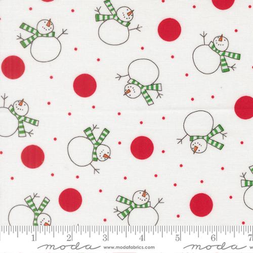 Pattern of snowmen with green scarves and red circles on a white background.