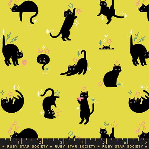 Pattern of black cats on a citron yellow background with decorative elements, featuring 'Ruby Star Society' branding.