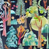 Colorful forest pattern with trees and plants on a black background