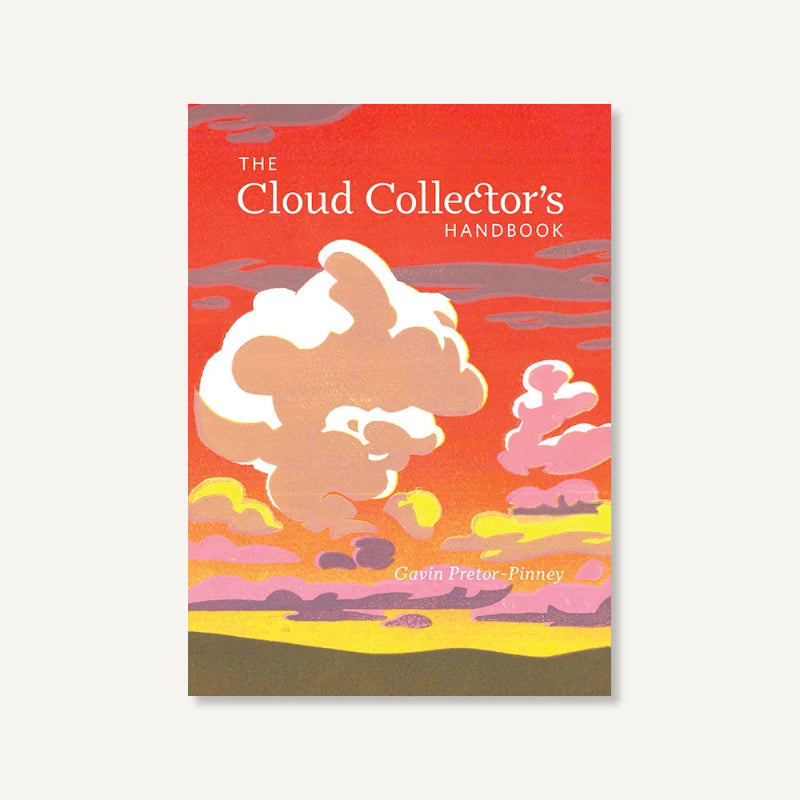 The Cloud Collector's Handbook book cover by Gavin Pretor-Pinney, featuring a stylized illustration of clouds in warm sunset colors against a red-orange sky, shown on a light gray background.