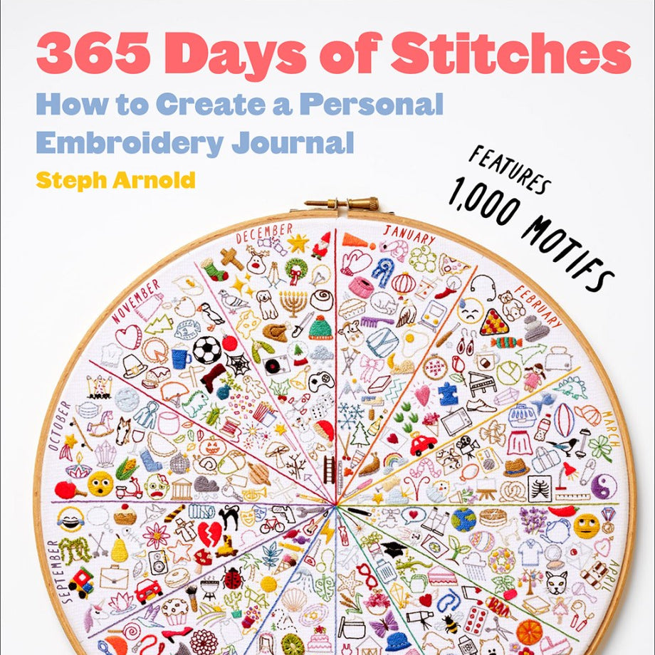 Book cover of "365 Days of Stitches" with an embroidery hoop with small embroidered icons on a white backgorund.