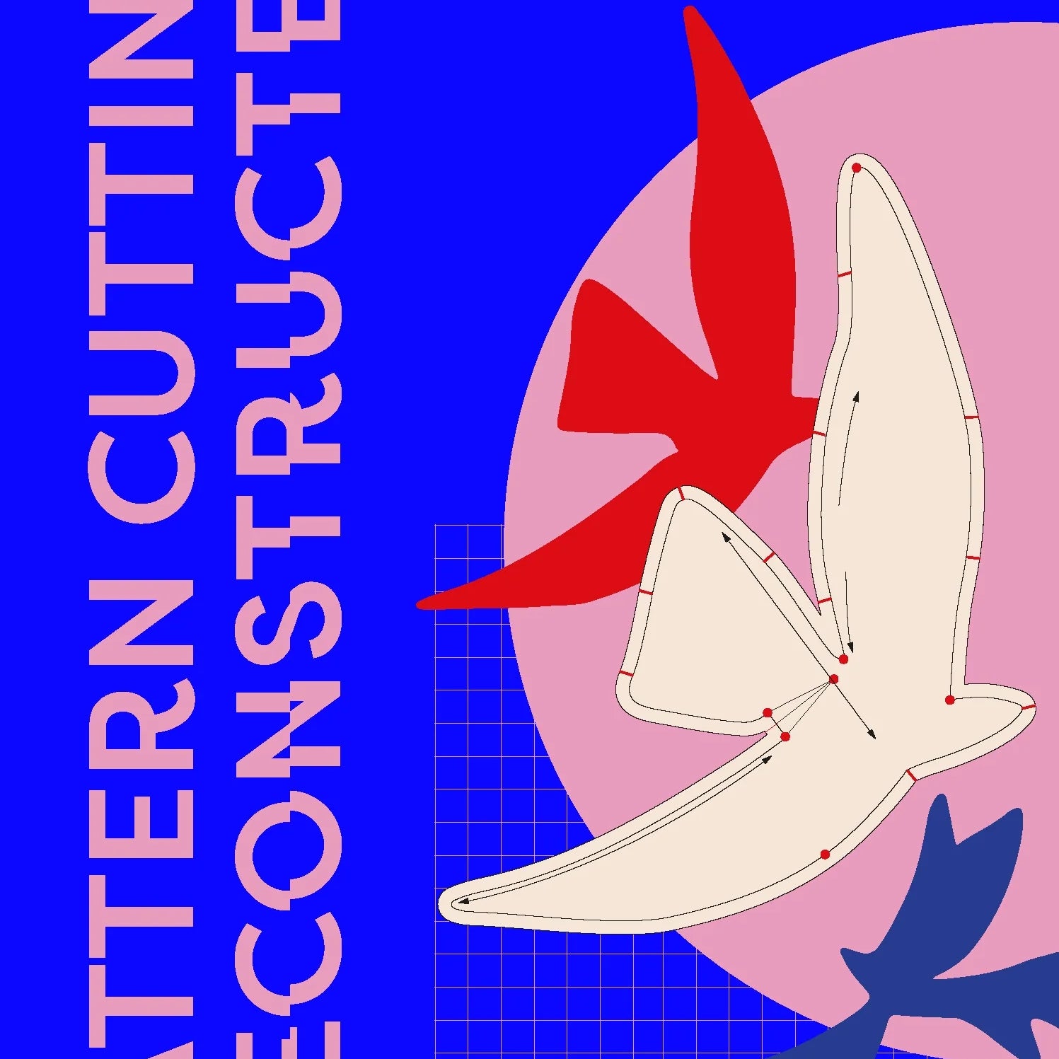 Bright blue book cover with title 'Pattern Cutting Deconstructed' and 'Wearable Art' written. Imagery of light pink semicircle with organic form pattern piece over it.