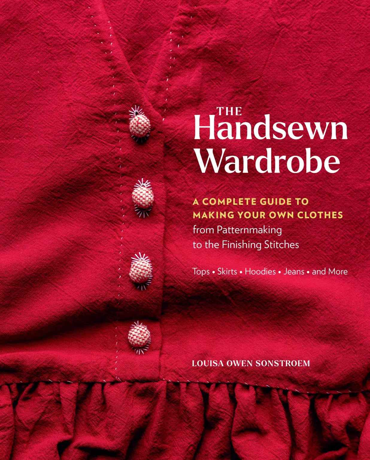Book cover of 'The Handsewn Wardrobe' with a red garment and buttons.