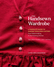 Book cover of 'The Handsewn Wardrobe' with a red garment and buttons.