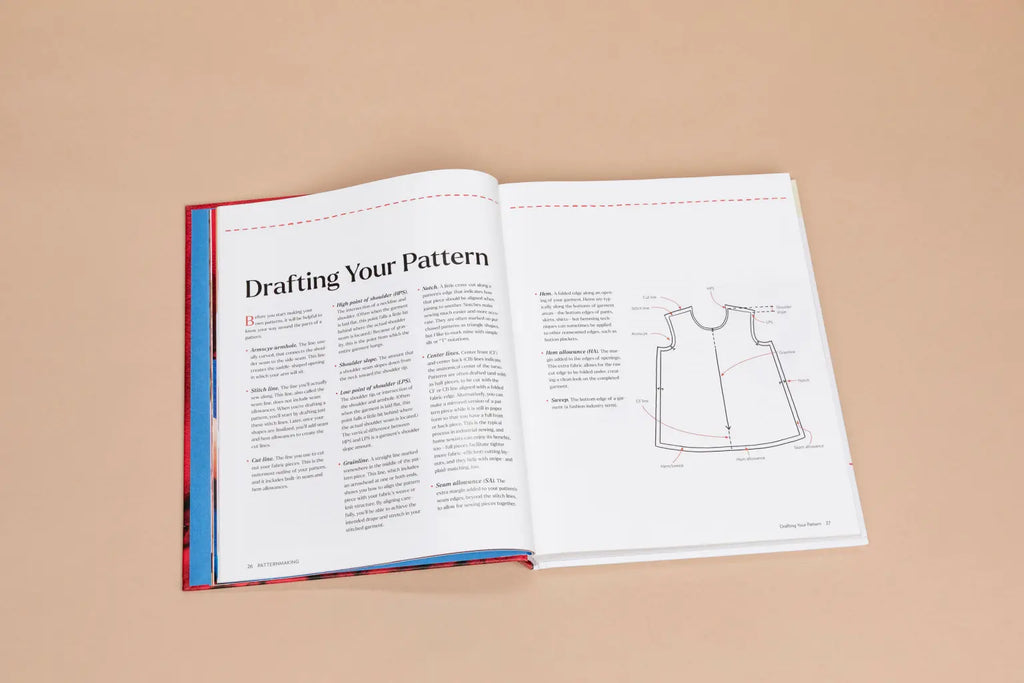 Open book on a beige background with sewing pattern instructions and diagram.