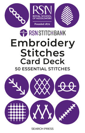 Cover of "Embroidery Stitches Card Deck" with purple circles with white stitch patterns inside on a white background.