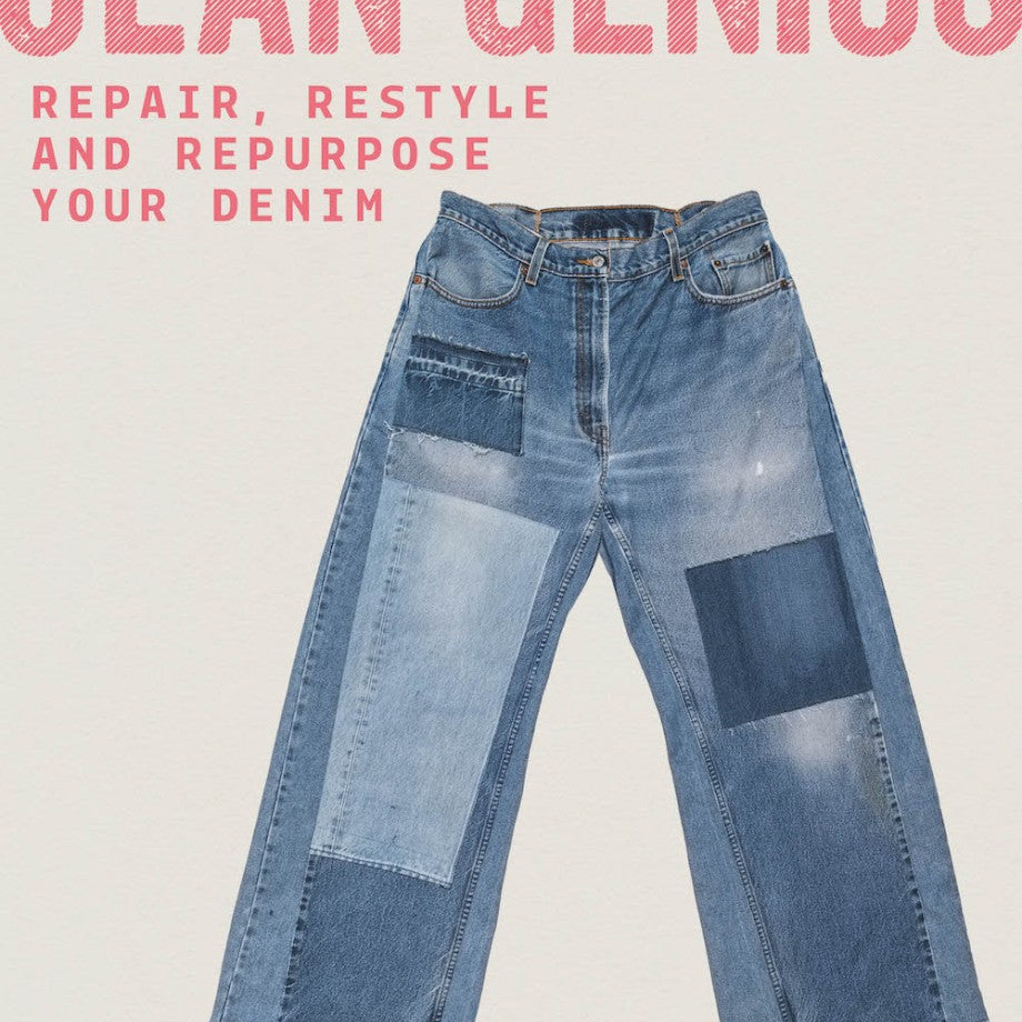 Book with patchwork denim jeans on the cover and "Jean Genius" written in bold pink letters on a beige background.