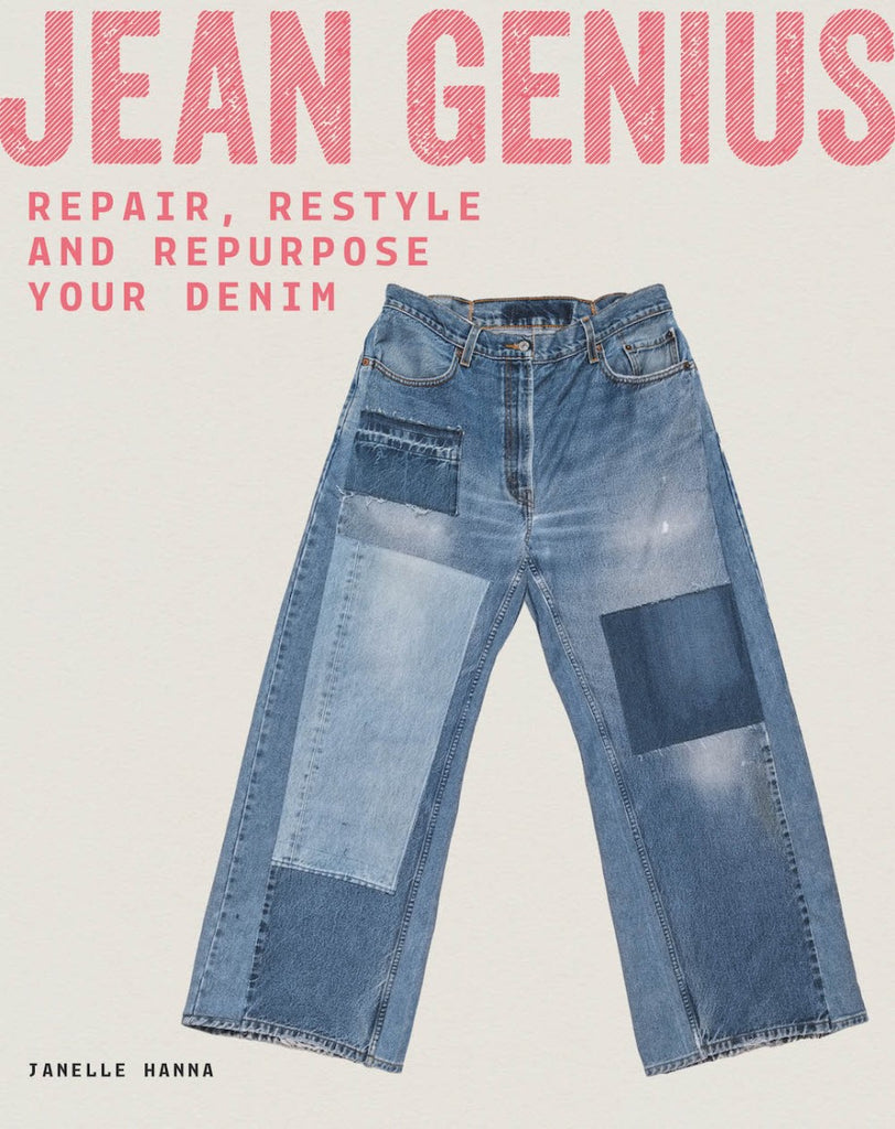 Book with patchwork denim jeans on the cover and "Jean Genius" written in bold pink letters on a beige background.