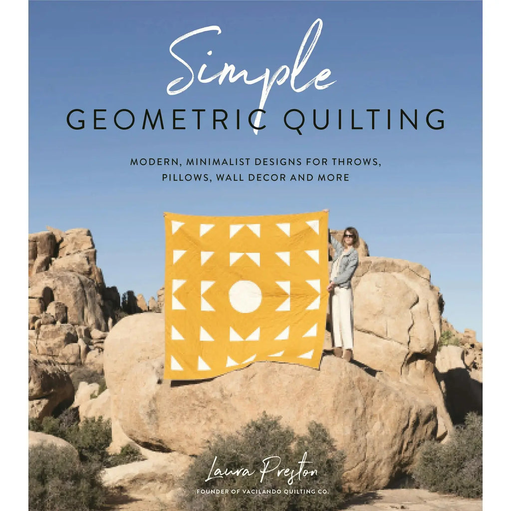 Book cover of 'simple geometric quilting' with a person holding a quilt on a rock and sky background.