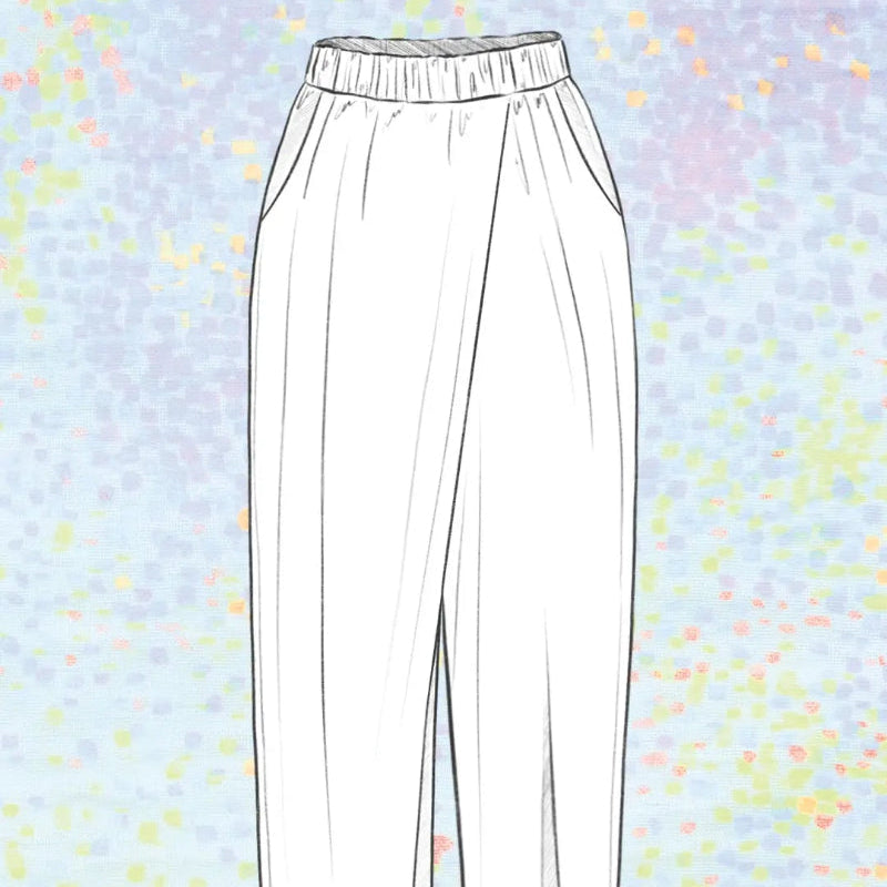 A white line-art illustration of wide-leg cropped pants with an elastic waistband, centered on a pastel speckled background.