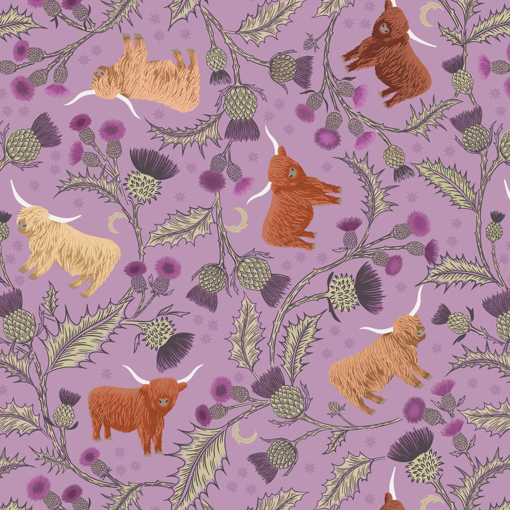 Highland cattle in various coat colors among thistles on a heather purple background