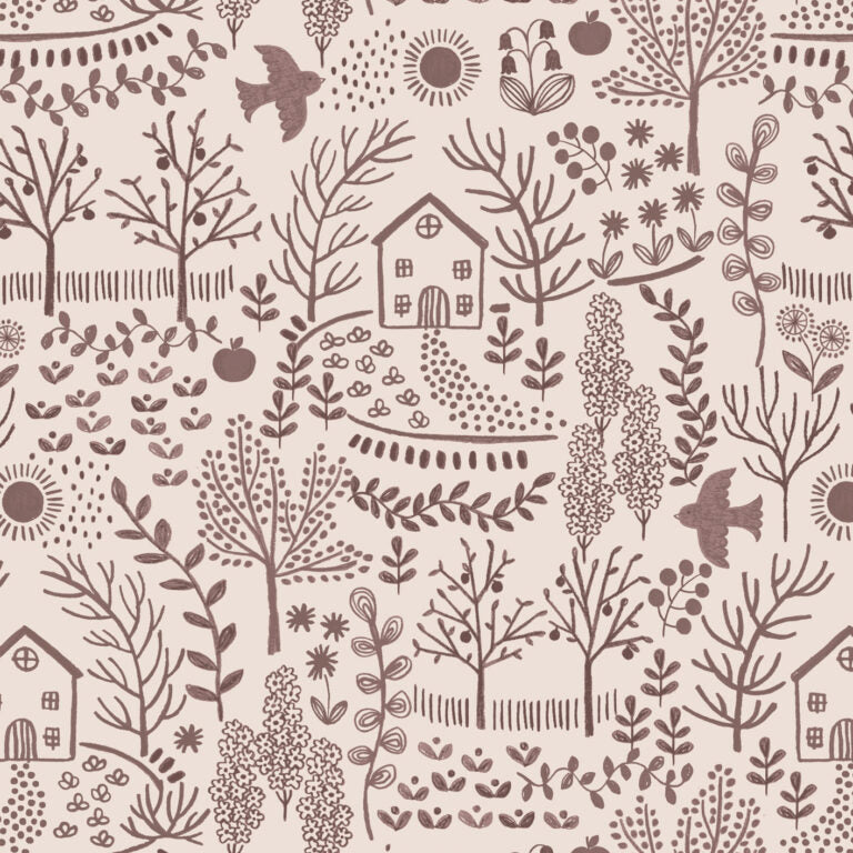 Patterned fabric with trees, houses, and nature elements on a beige background